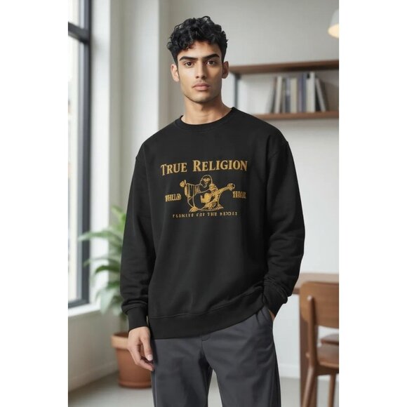 True Religion Mens Black Metallic Buddha Long Sleeve Flee Men's Size XL - Picture 1 of 9